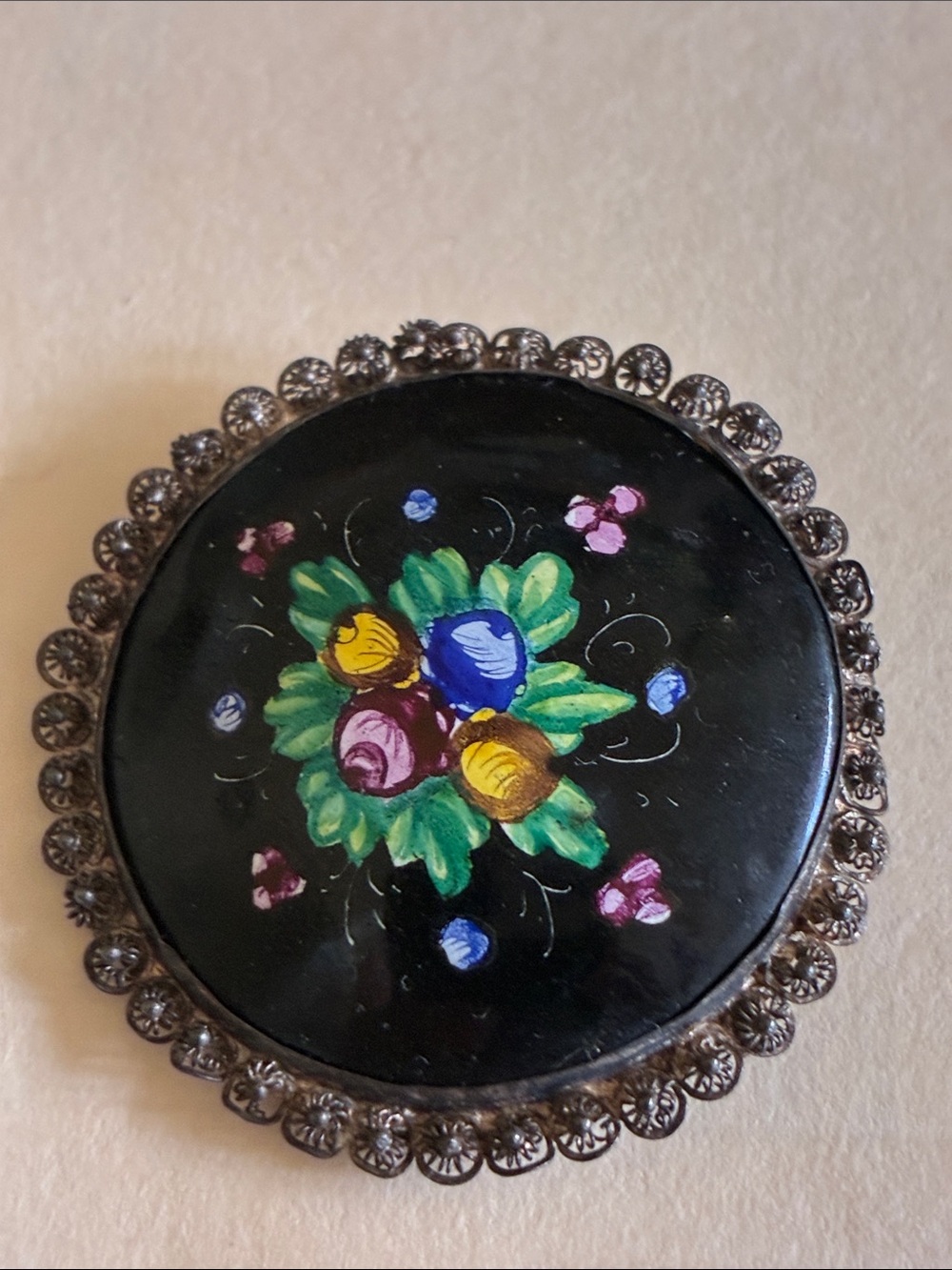 Antique brooch Painted Flowers Champlevé Enamel pin Cut Steel Border